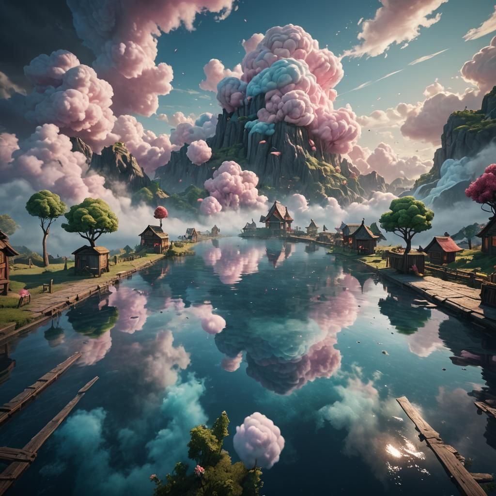 Fantastical Cotton Candy Village: Detailed Matte Painting