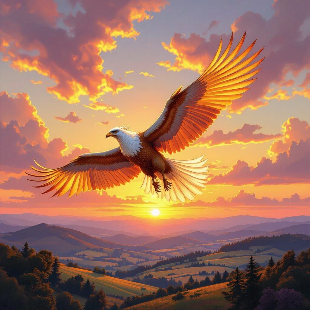 Griffin Soaring at Sunset in Classical Painting Style
