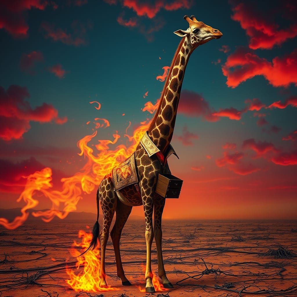 Surreal Burning Giraffe on Barren Plain