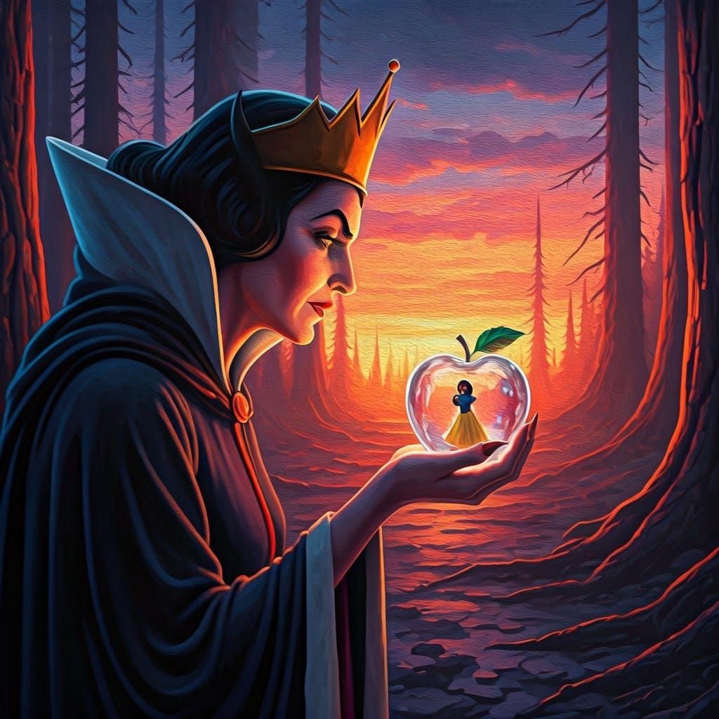 Surreal Impasto Painting of a Devil Witch Watching Snow Whit...