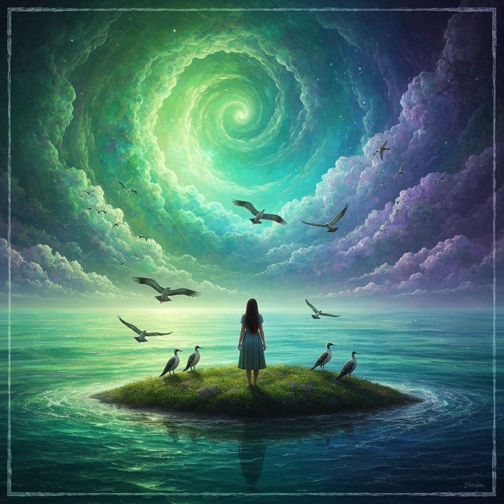 Ethereal Island Scene with Woman and Birds