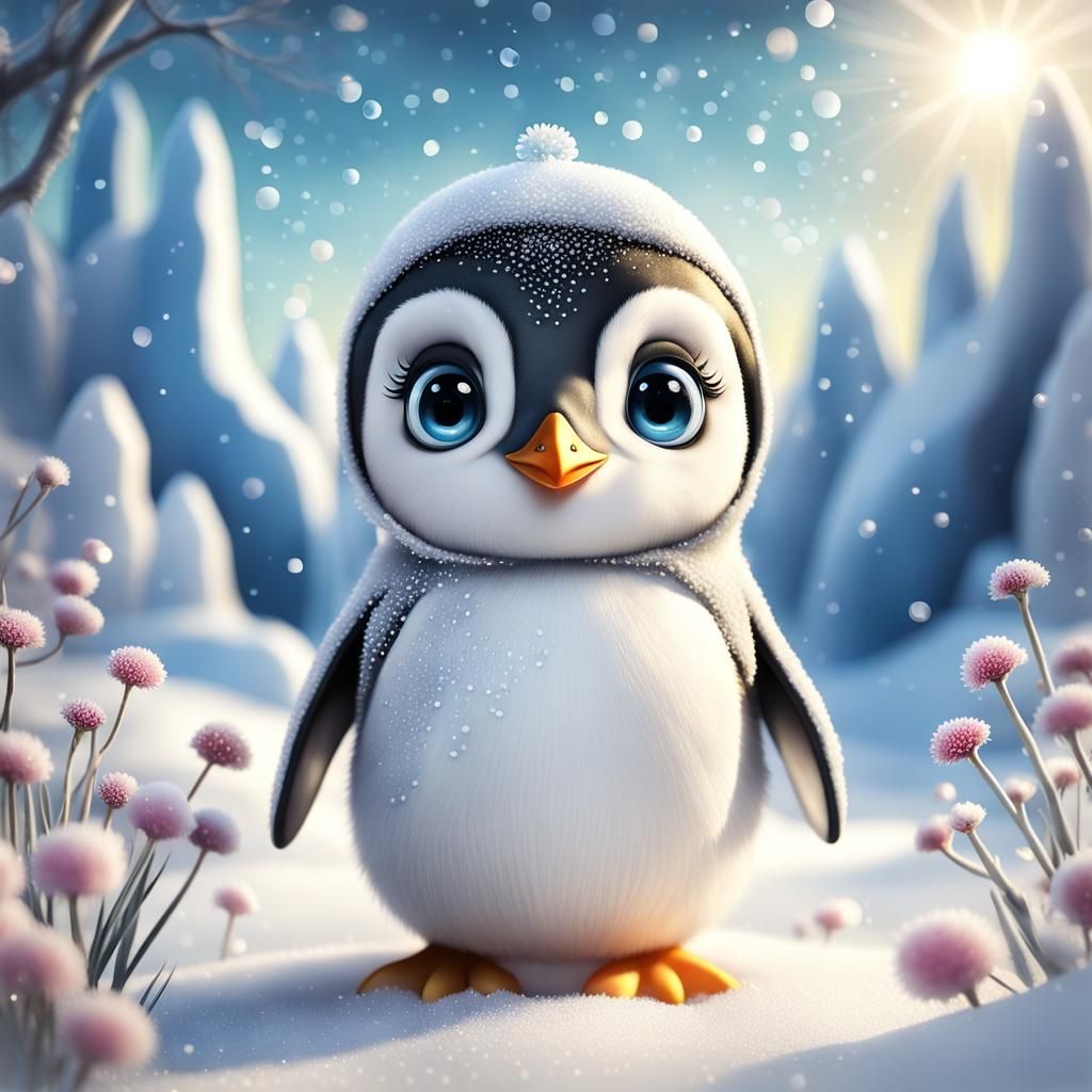 Chibi Googly-Eye Penguin in Snow, Surreal Bokeh Lighting