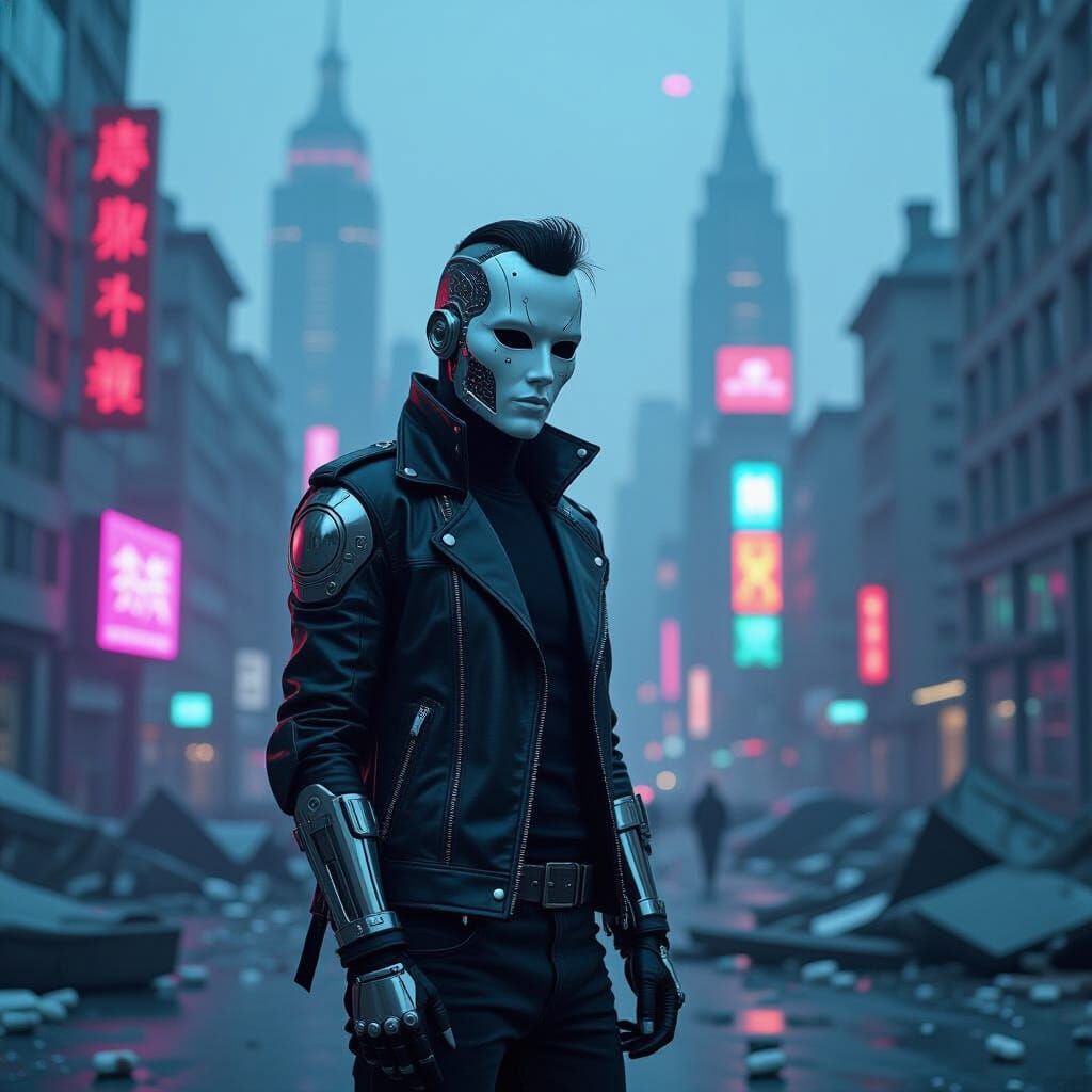 Cyberpunk Figure in Dystopian Cityscape
