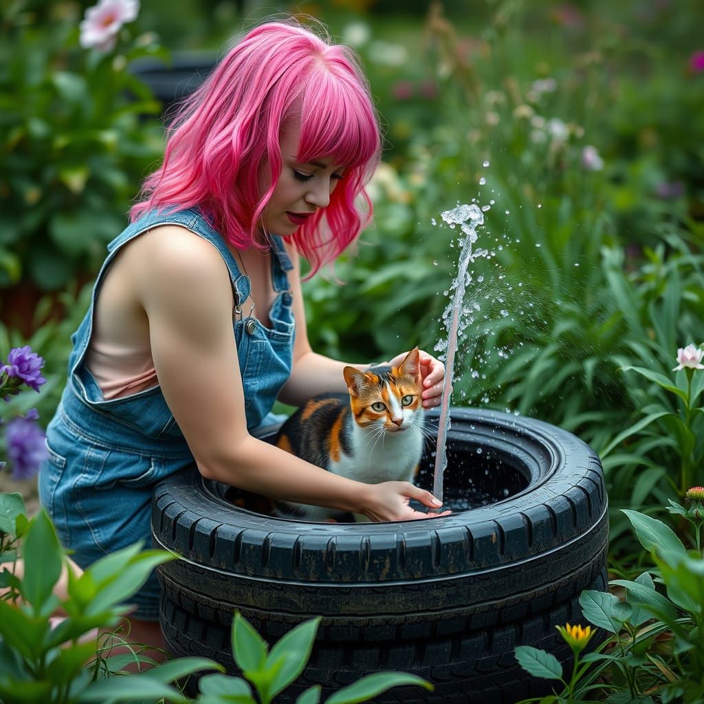 Calico Cat Bath in Botanical Garden, 4K Photography