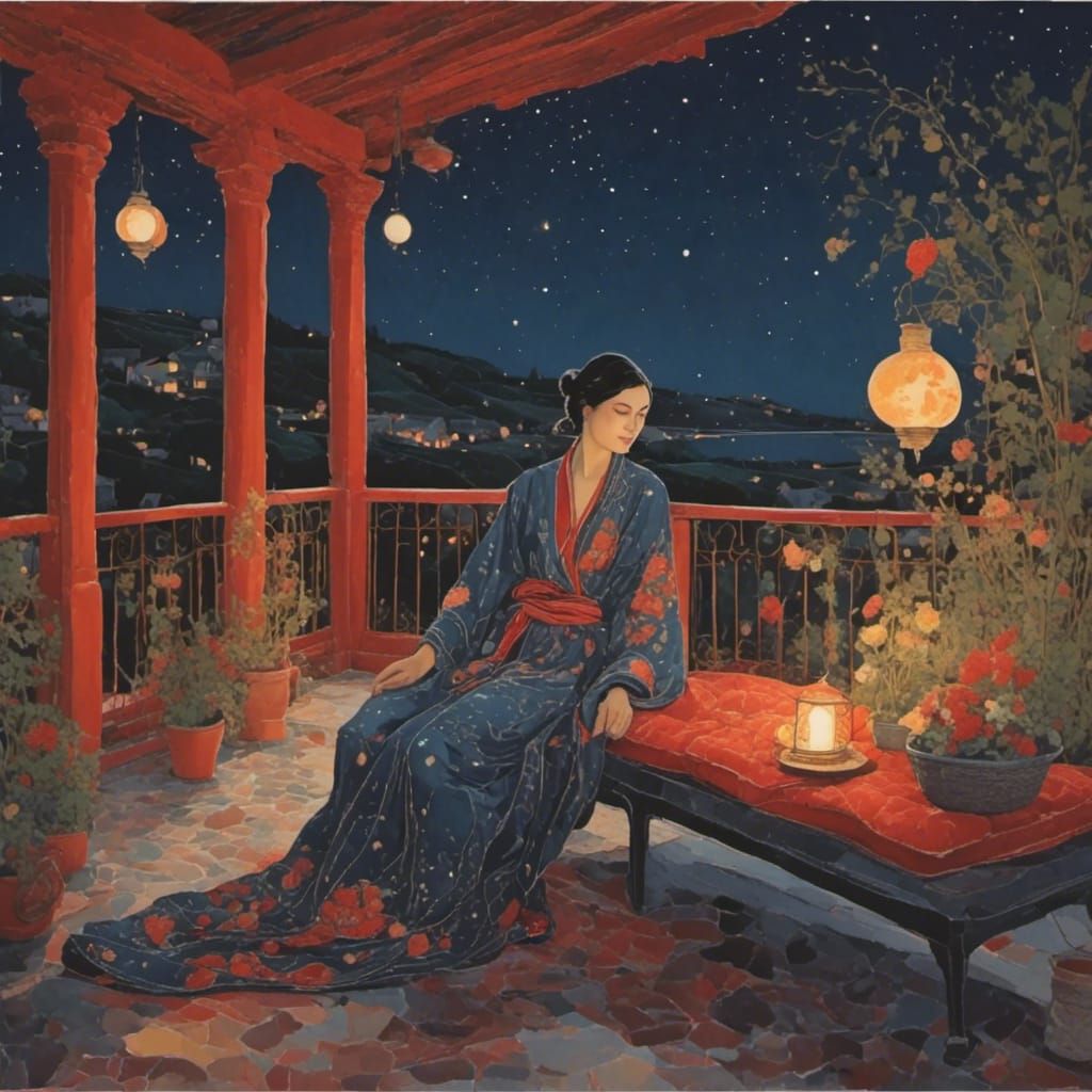 Woman Relaxing on Patio in Palekh Style