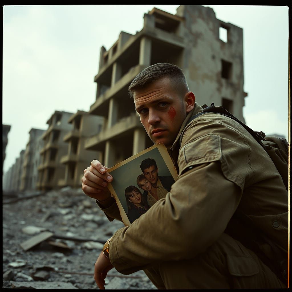 War-Weary Soldier Contemplates Family in Ruins