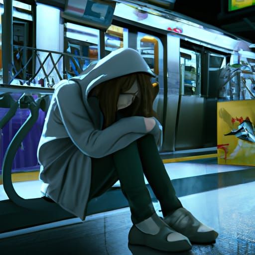 Crying Anime Girl in Subway, Ghibli Style