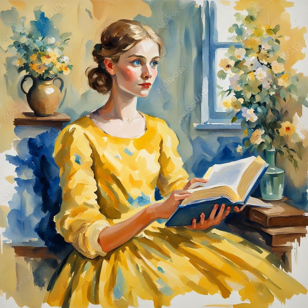 Woman with Book in Gouache Impressionist Style