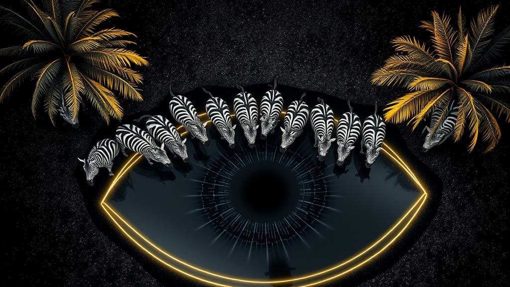 Zebras Drink From Giant Eye Oasis in Fractal Desert