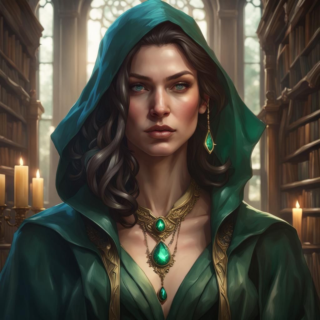 Fantasy Mage Portrait in Library, Detailed Concept Art