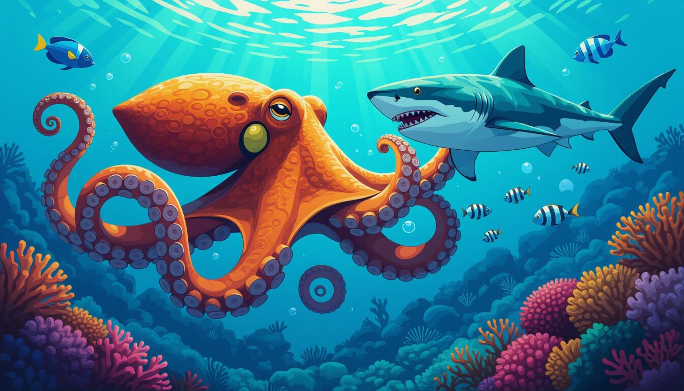 Clever Octopus Outsmarts Shark in Coral Reef Maze