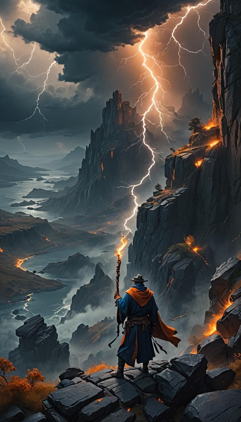 Mage on Cliffside Conjures Storm in Fantasy Art