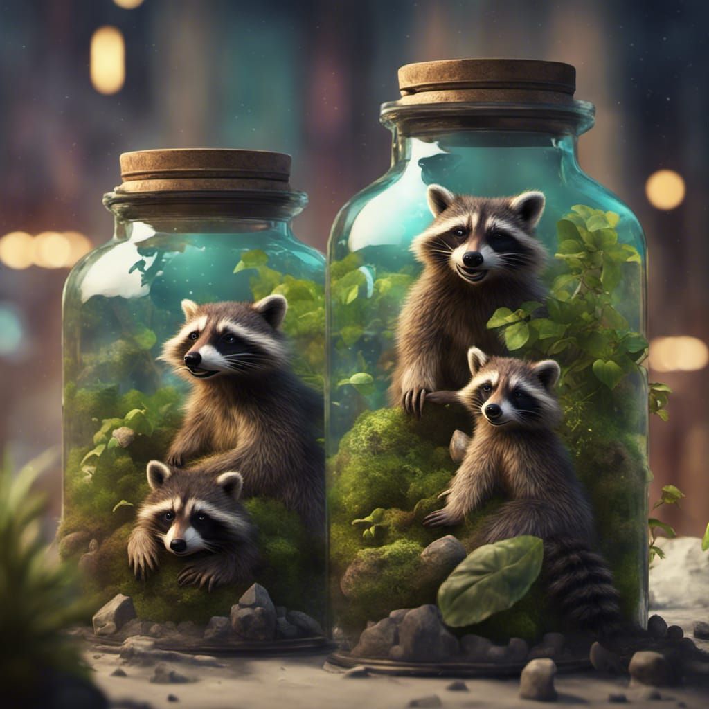 Raccoon Family in Bottle Terrarium