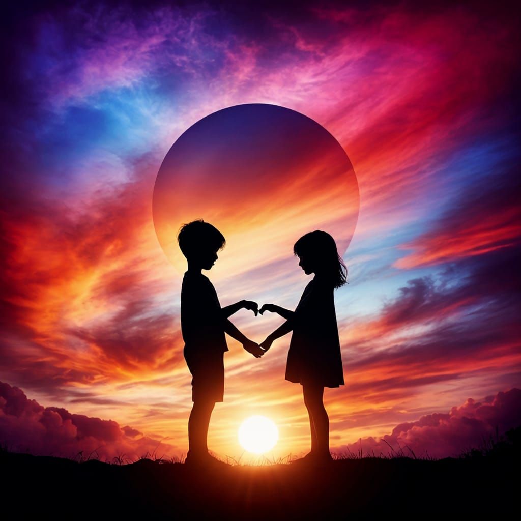 Symbolic Portrait of Sibling Love in Vibrant Sunset