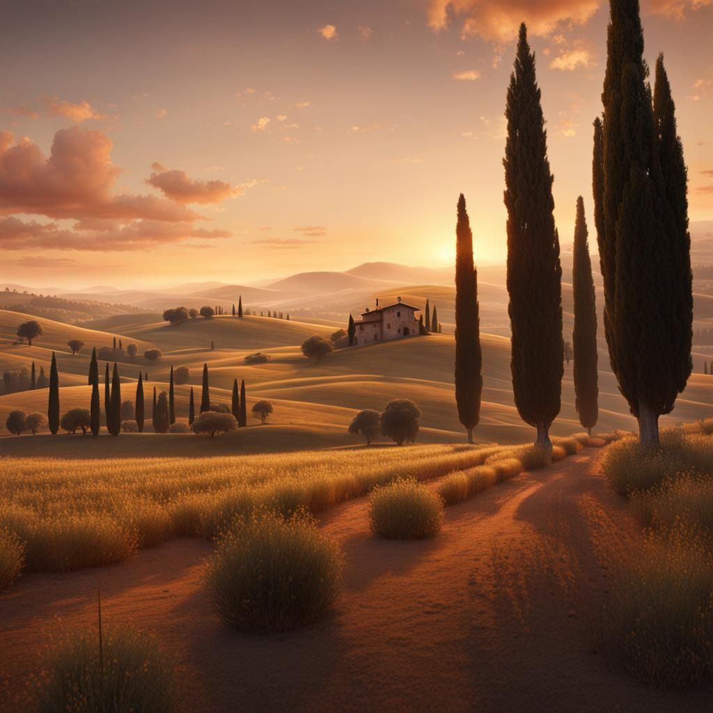 Tuscan Countryside Sunset: Detailed Matte Painting