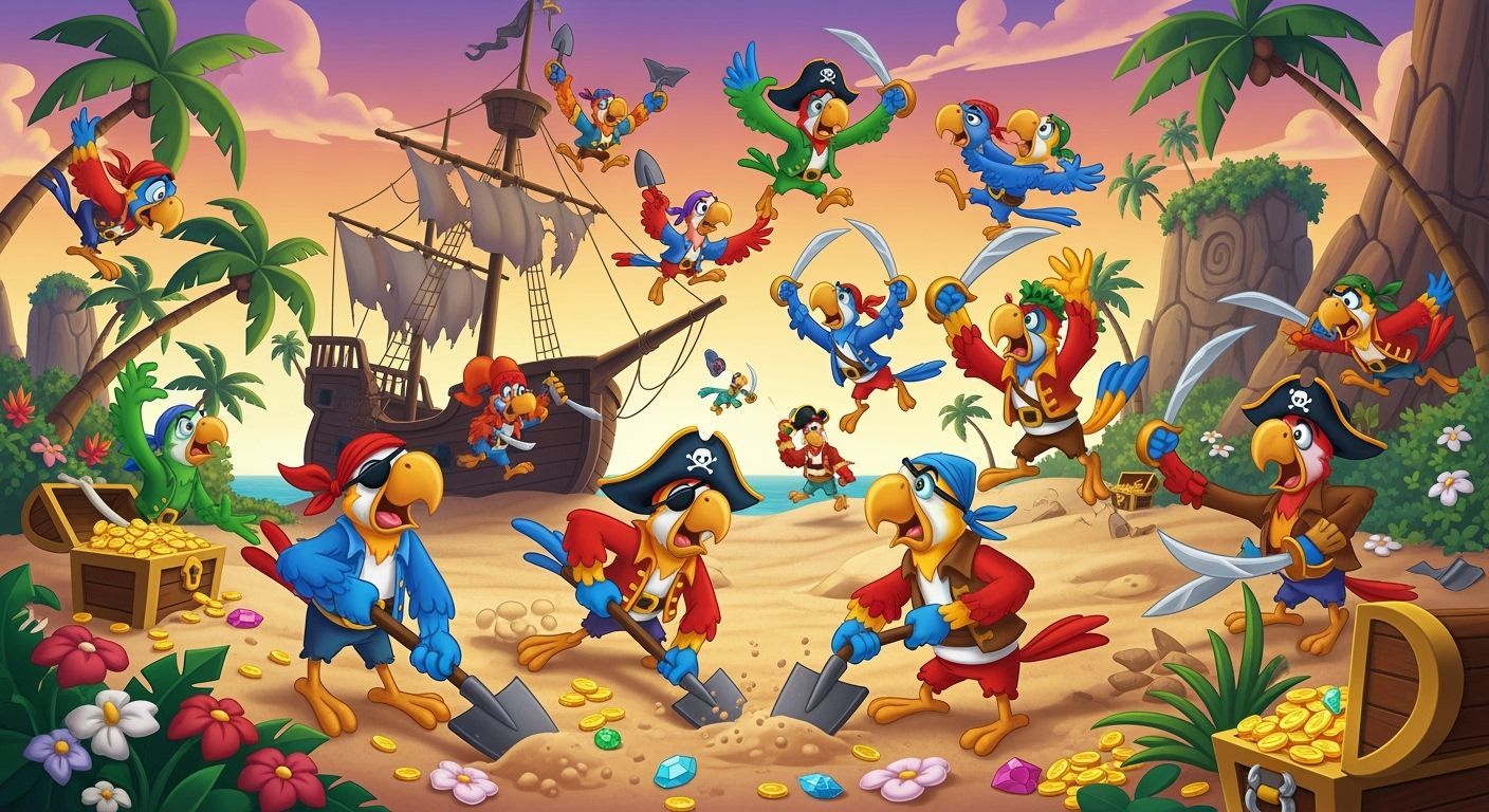 Cartoon Pirates: Parrots Swarming Treasure Island