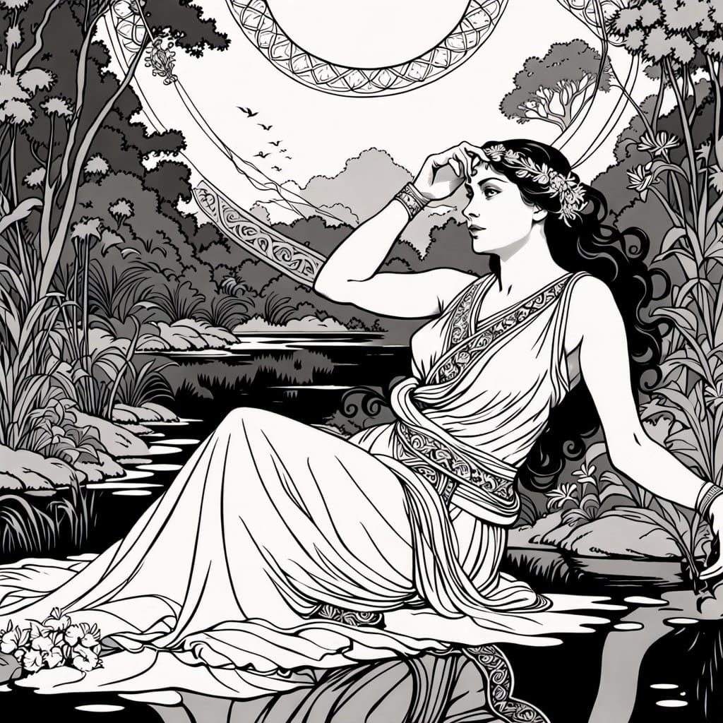 Elegant Woman Bathers in Jungle Pond with Tropical Flowers