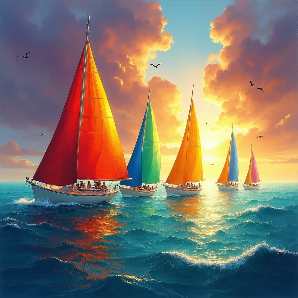 Sailboats on Turquoise Sea with Vibrant Sails