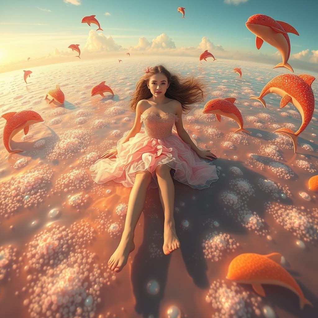 Woman Floating on Soda Sea with Candy Creatures