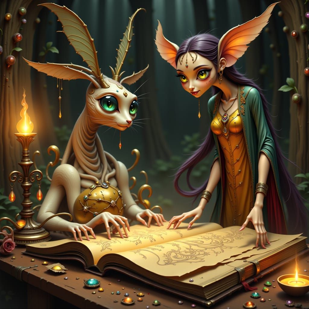 Fae Wizard with Sphinx Cat in Dreamlike Style