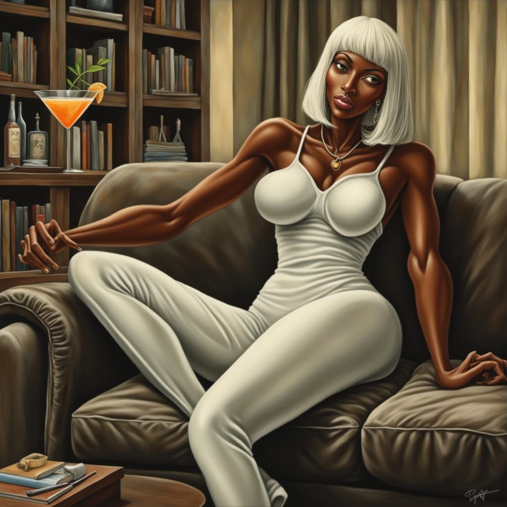 Black Woman in Latex Catsuit with Martini