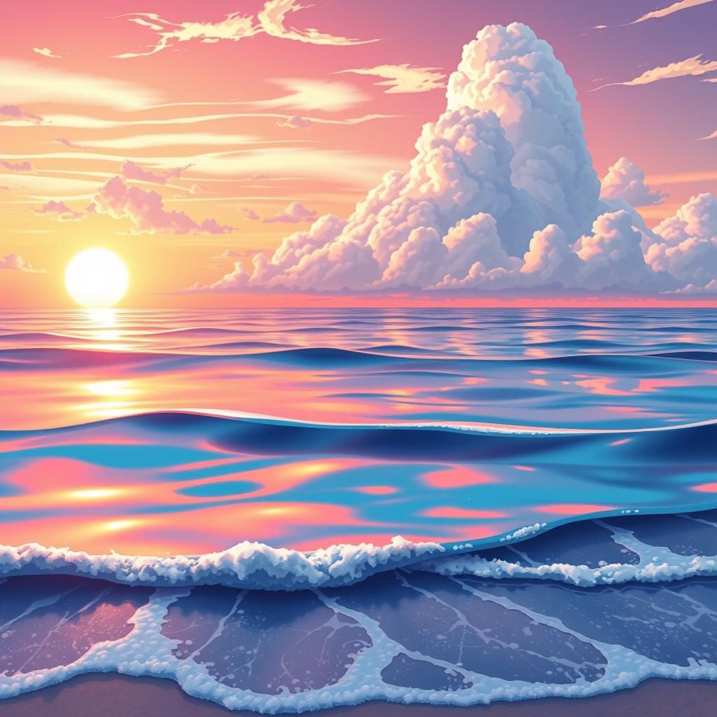 Golden Hour Ocean Reflection in Anime Style