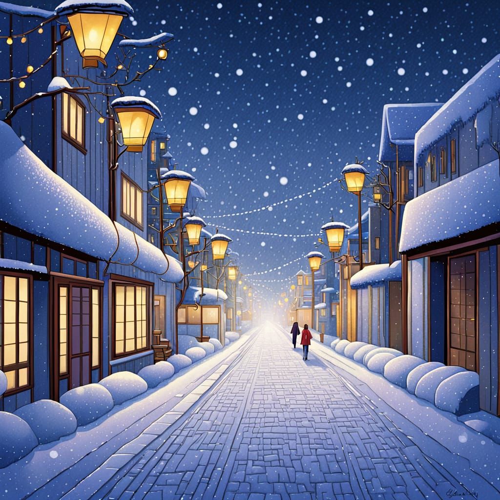 Serenely Lit Anime Snowscape at Midnight