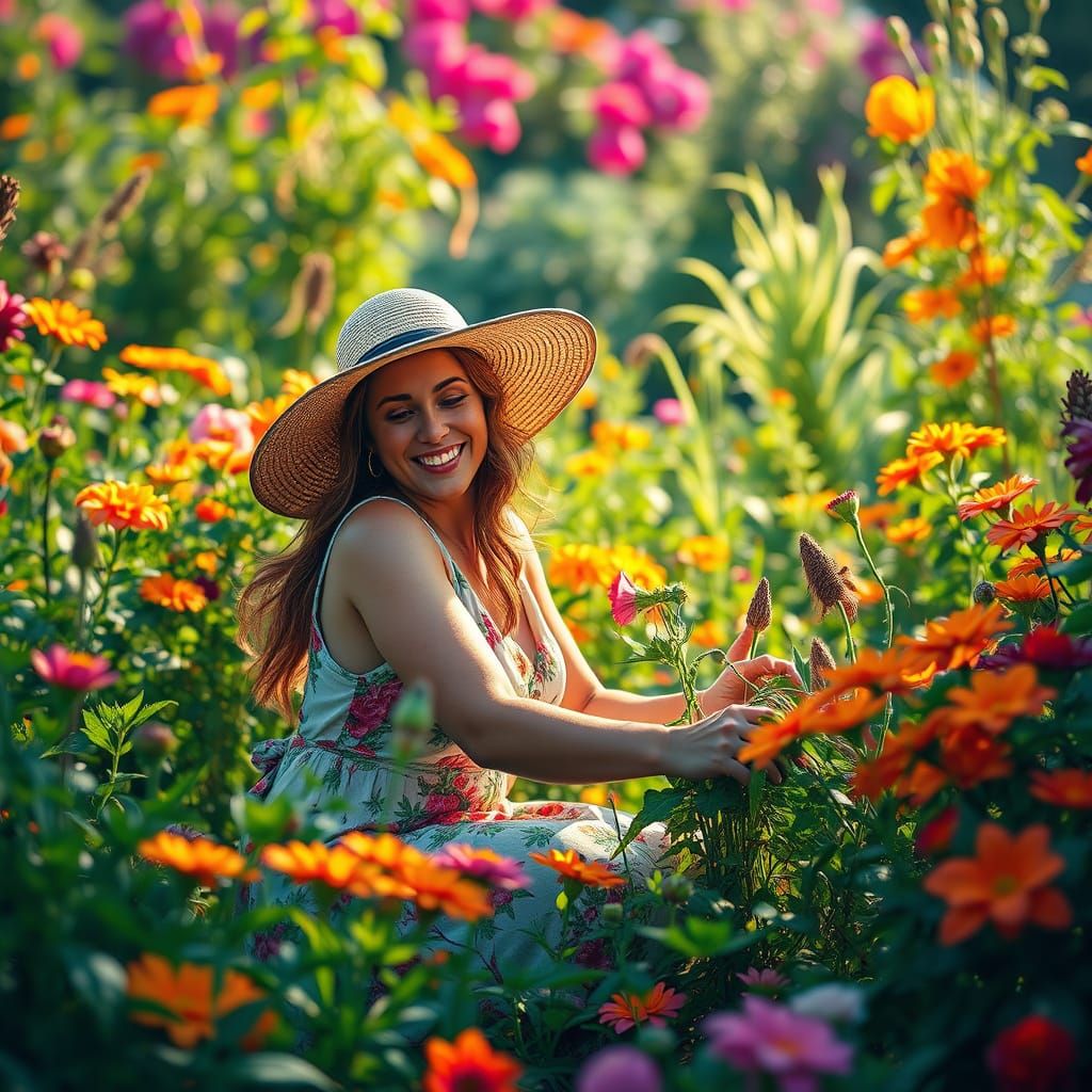 Woman Gardening in Vibrant Floral Garden, Detailed Art