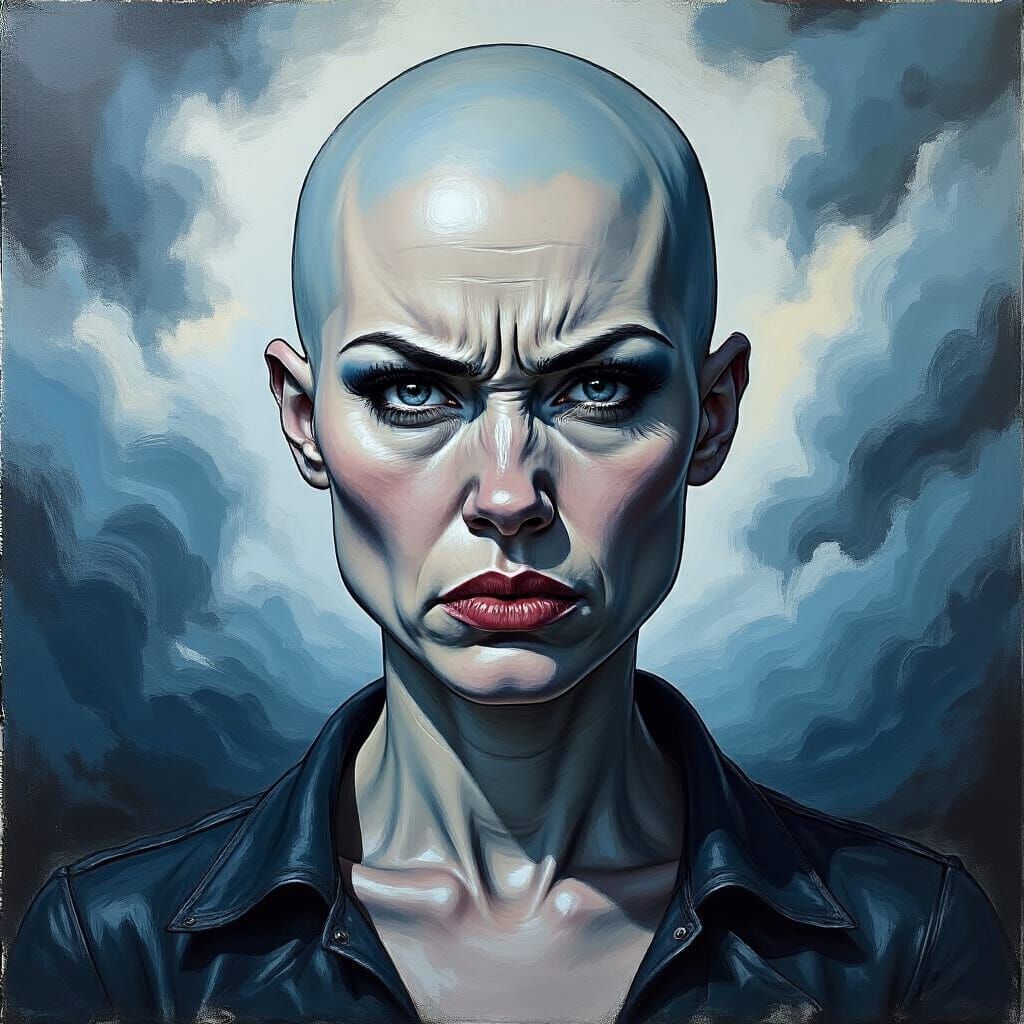 Bald Woman's Defiant Stare: Impasto Portrait