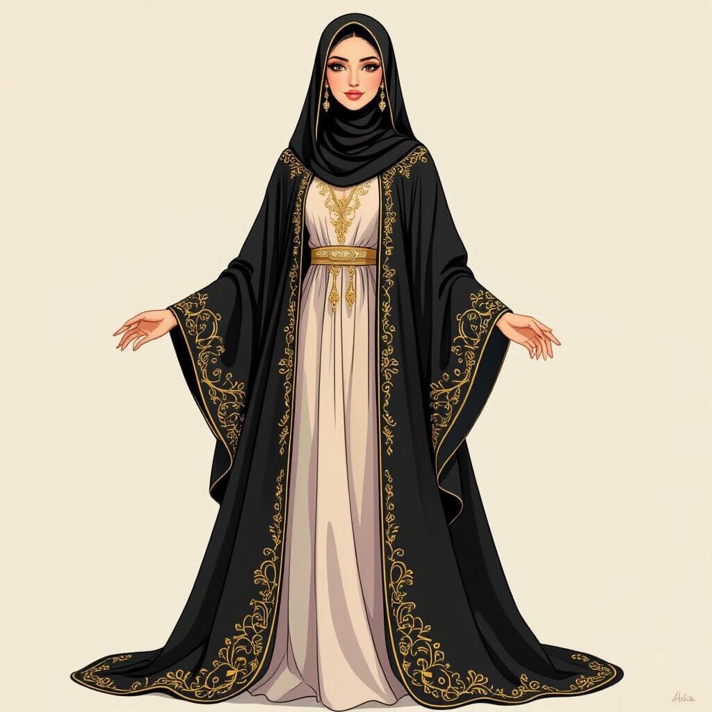 Kuwaiti Abaya with Golden Embroidery, Elegant Style