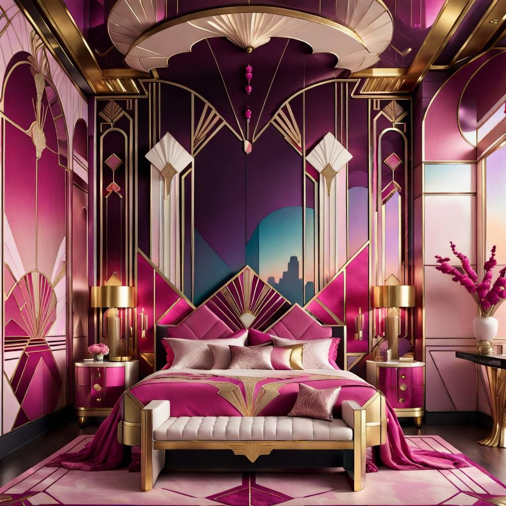 A bedroom design in the style of Art Deco with geometric patterns and motifs, , with fuchsia and gold accents. The sky i...