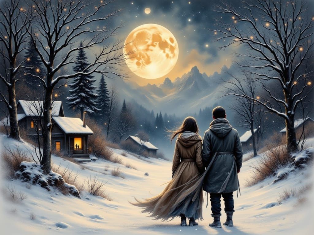 Couple Awestruck by Moonlit Snowfall in Expressive Ink Wash ...