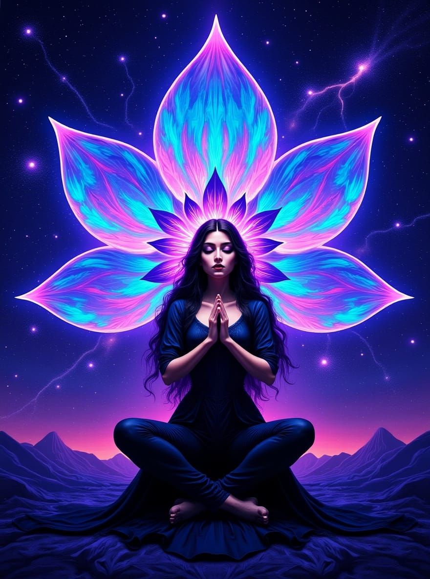 Serene Woman in Dreamy Cosmos with Flower of Life Petals