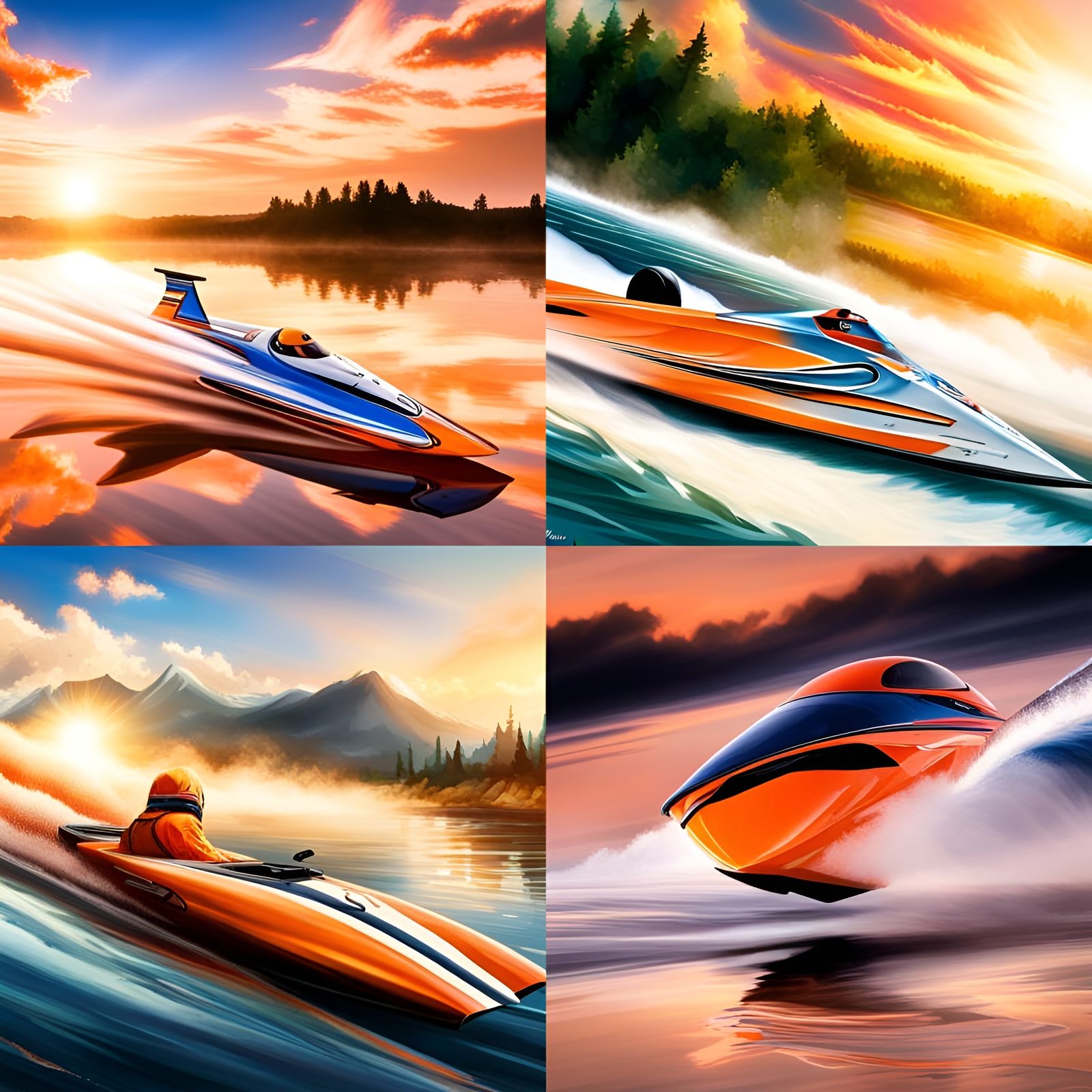 Hydroplane Racing Boat on Lake in Anime Style