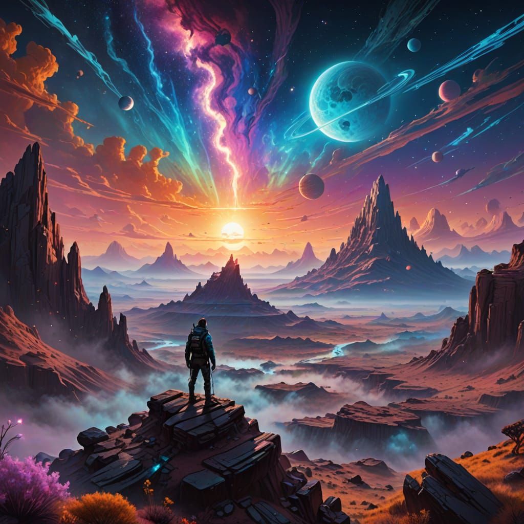 Explorer on Alien Planet in Cosmic Astral Style