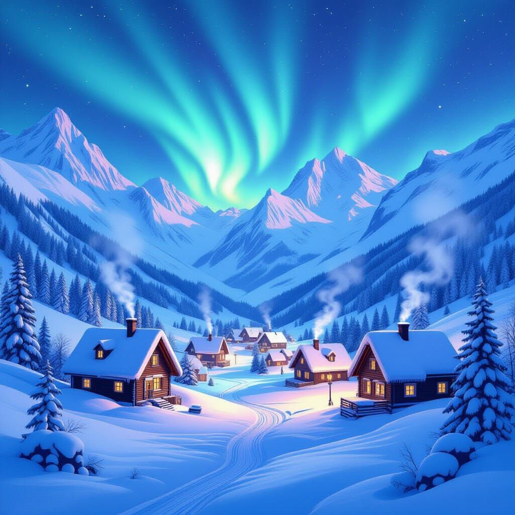 Snowy Village Under Aurora Borealis in Astral Style
