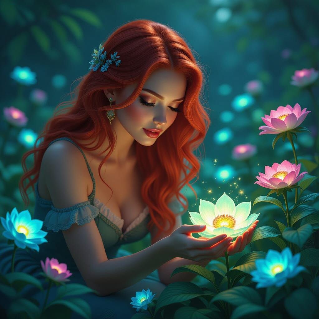 Whimsical Garden with Bioluminescent Flowers and Red-Haired ...