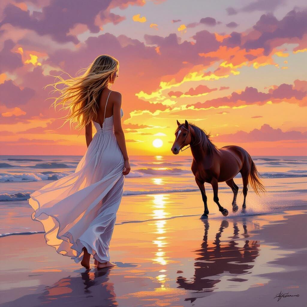 Woman and Horse on Beach at Sunset