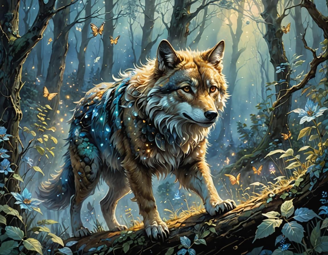 Ethereal Honey Wolf in Misty Forest Watercolor