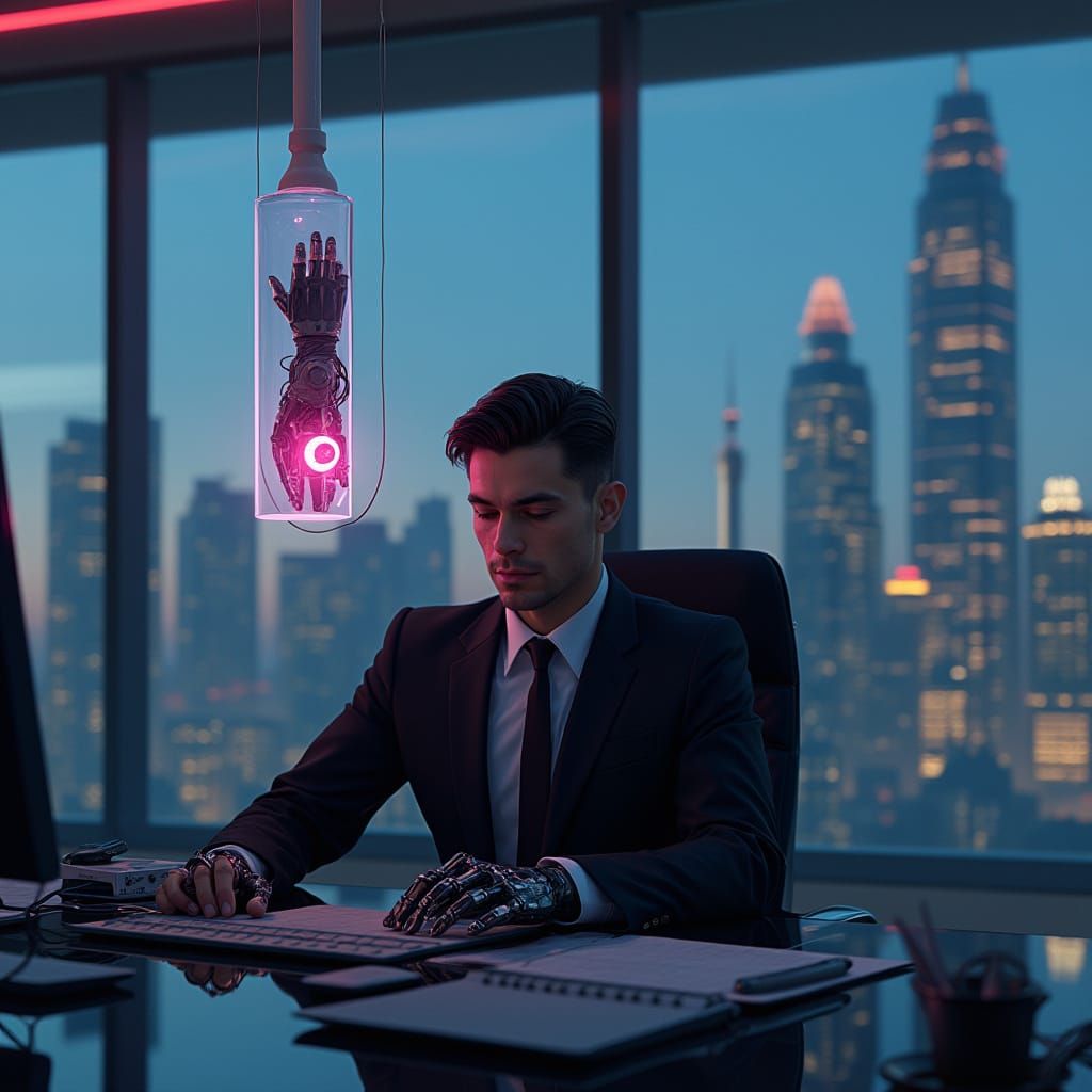 Cybernetic Executive in High-Tech Office at Dusk