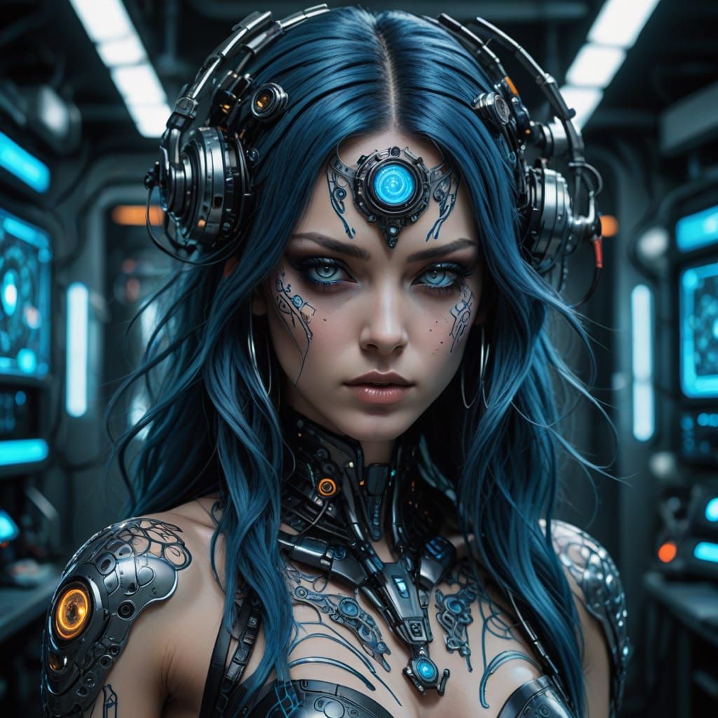 Biopunk Goddess in a Cyberpunk Laboratory