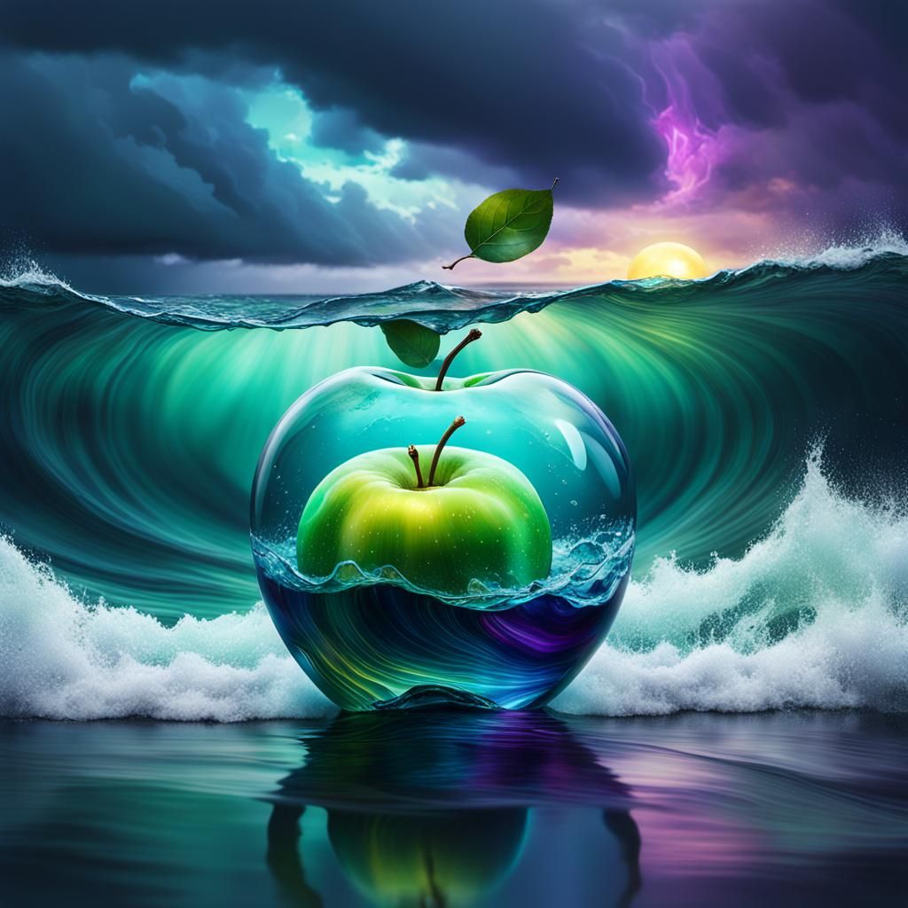 Stormy Sea Merged with Translucent Glass Apple