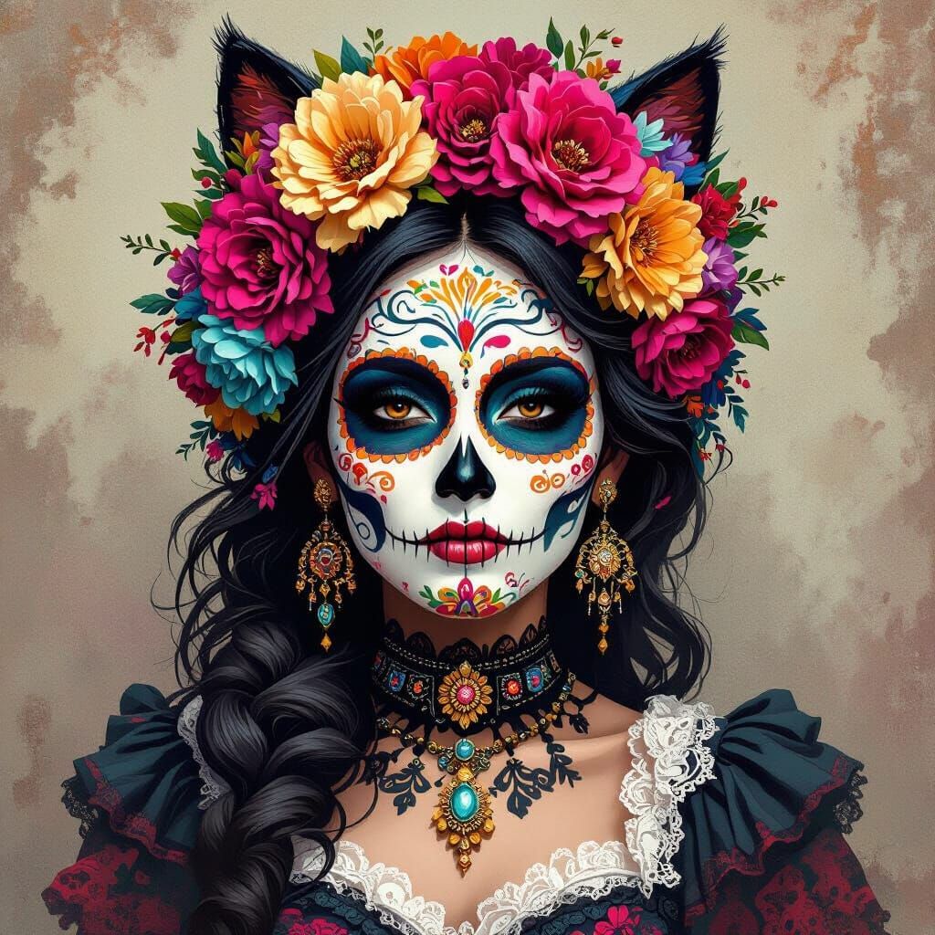 Elaborate Catrina Figure with Sugar Skull Designs