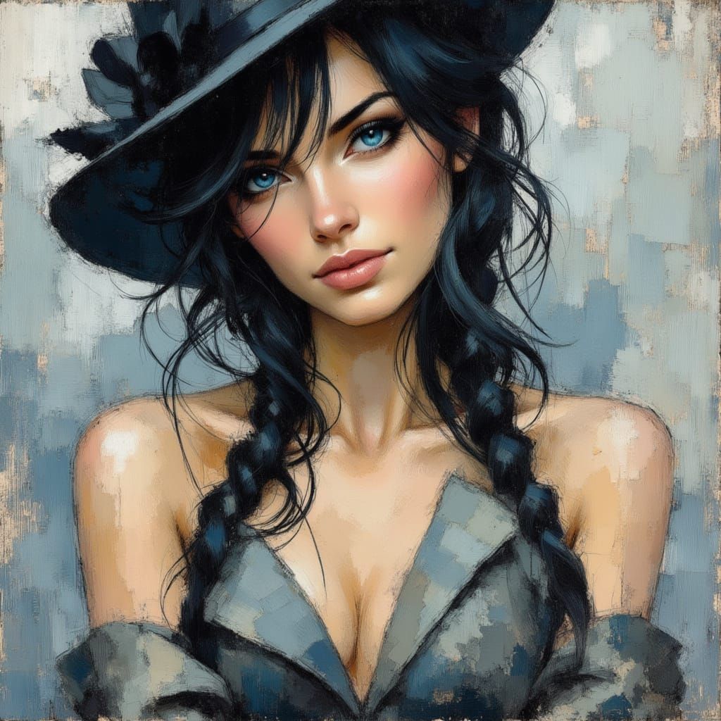 Elegant Woman in Oil Painting Style with Blue Eyes