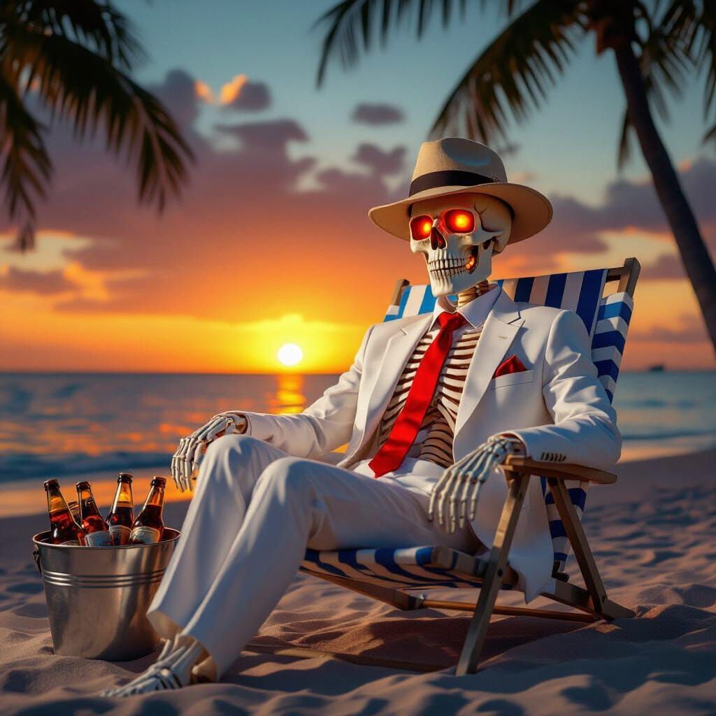 Skeleton Relaxing on Beach Chair at Sunset