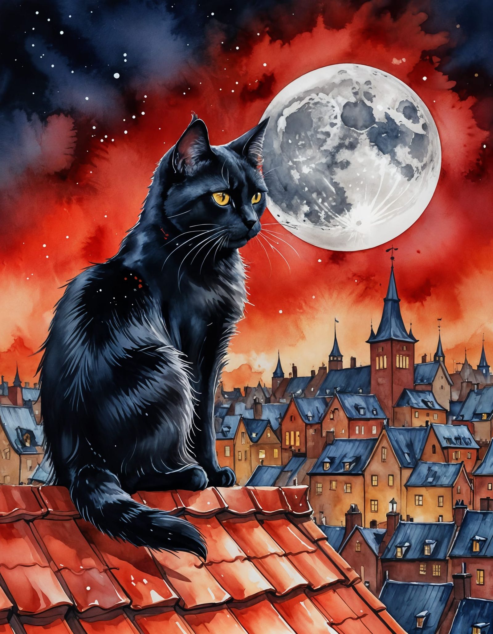 Black Cat on Red Roof: Watercolor Cityscape