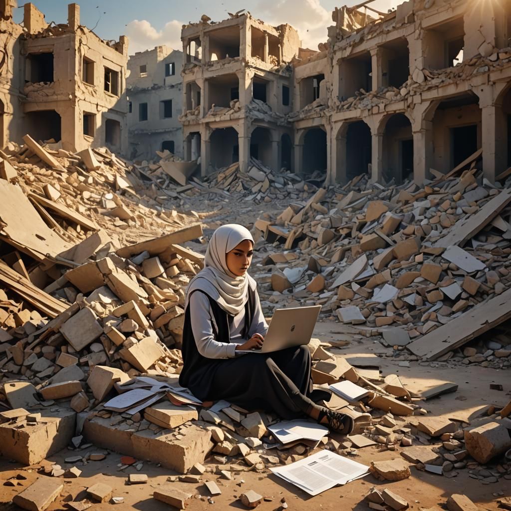 Girl with Laptop Amidst Gaza Ruins: Digital Art