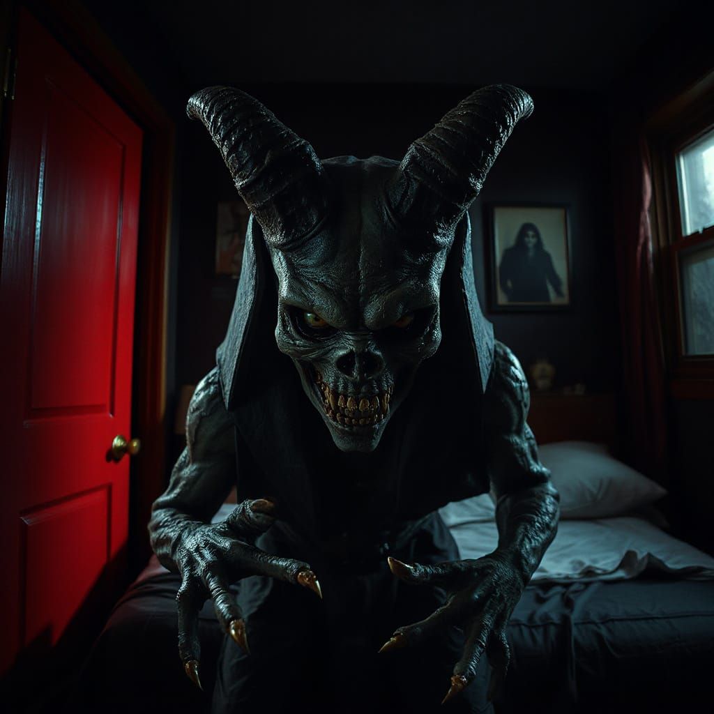 Terrifying Sleep Paralysis Demon in Dark Bedroom