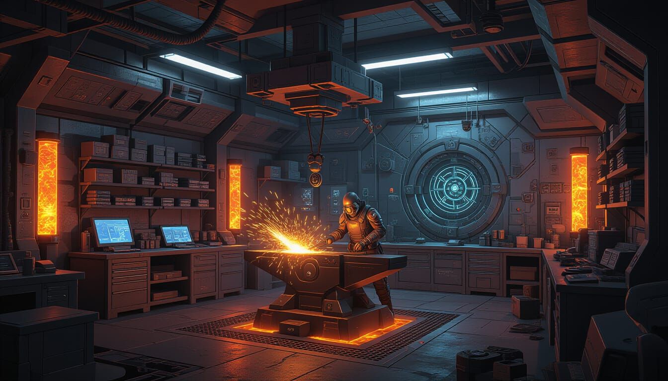 Sci-Fi Cyberpunk Workspace with Magi-Tech Energy