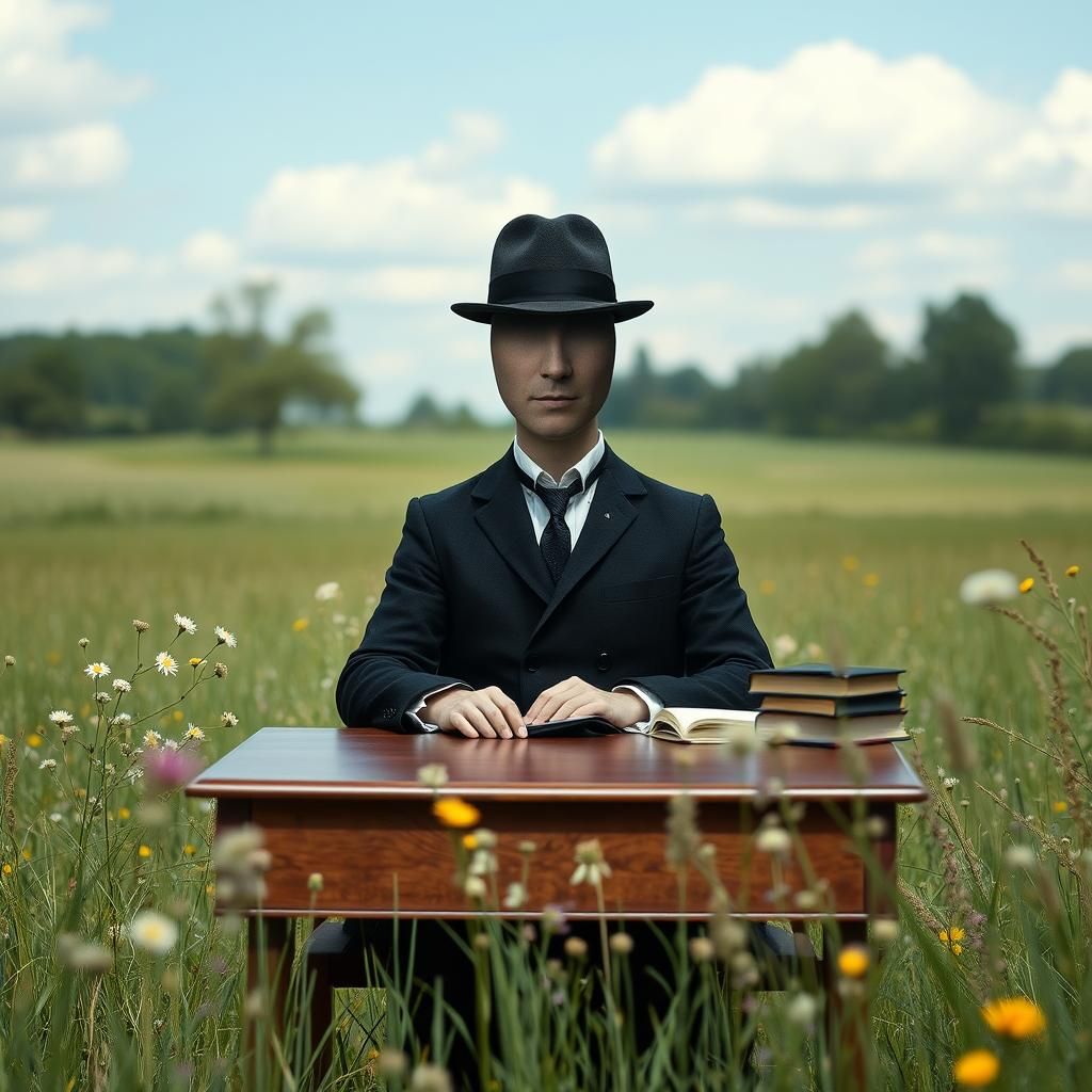 Surreal picture of a man with no face wearing a bowler hat, ...